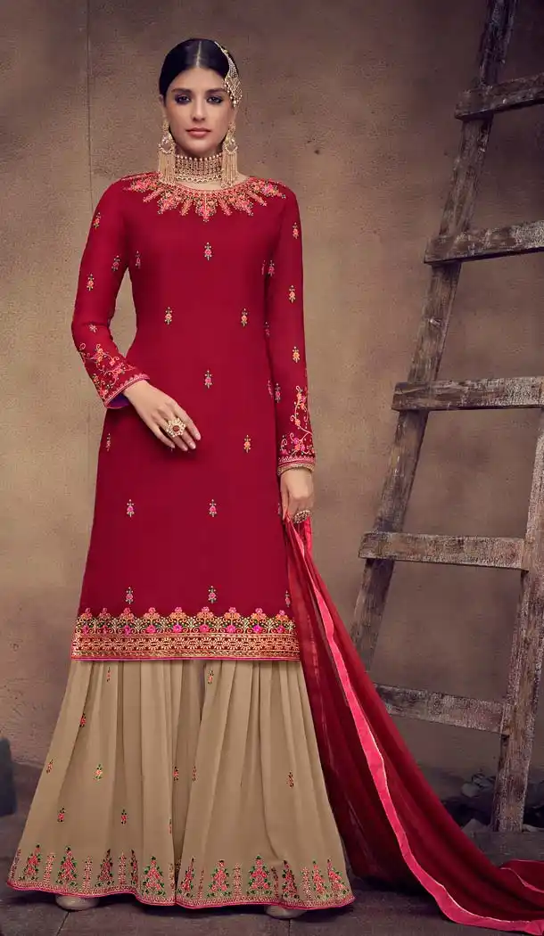Red Color Foux Georgette Pakistani Palazzo Suits -595774055