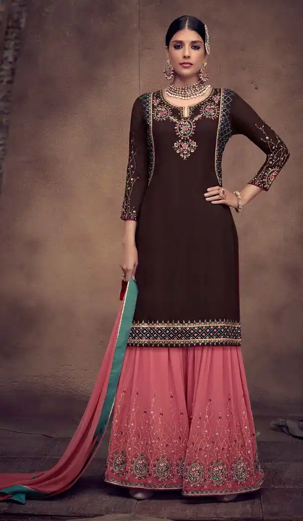 Brown Color Foux Georgette Pakistani Palazzo Suits -595774056