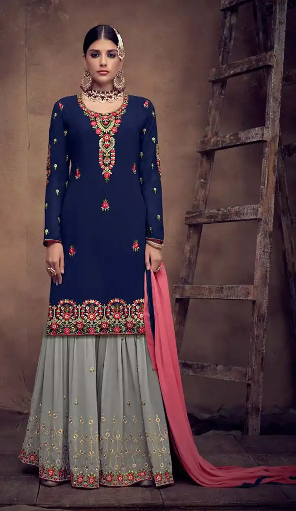 Navy Blue Color Foux Georgette Pakistani Palazzo Suits -595774057