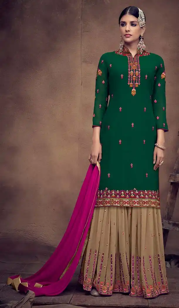 Green Color Foux Georgette Pakistani Palazzo Suits -595774058