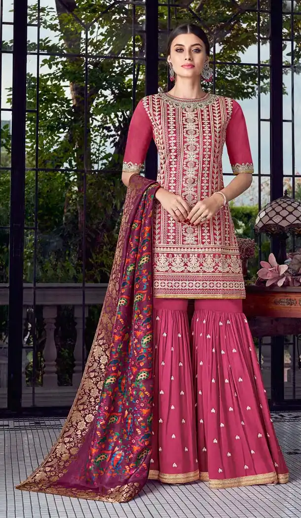 Pink Color Lakhnavi Silk Designer Party Wear Suit -595874059