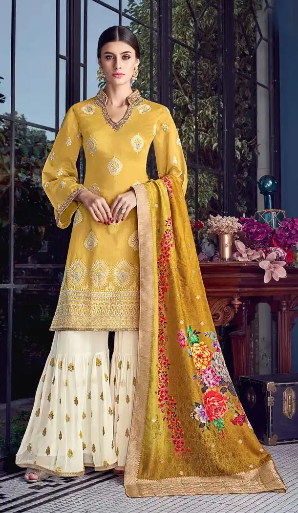 Yellow Color Lakhnavi Silk Designer Party Wear Suit -595874060