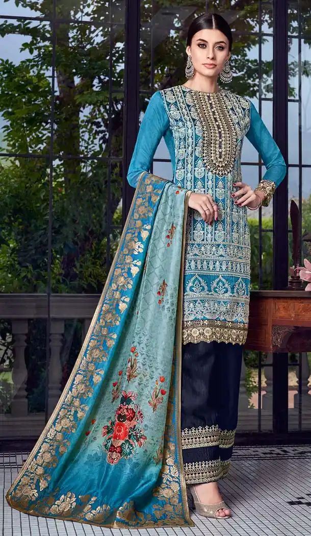 Sky Blue Color Lakhnavi Silk Designer Party Wear Suit -595874061