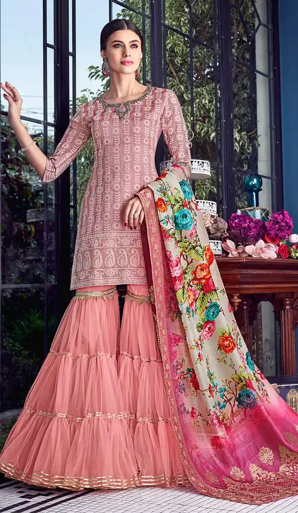 Salmon Color Lakhnavi Silk Designer Party Wear Suit -595874062