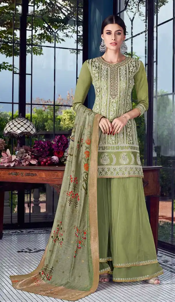 Olive Green Color Lakhnavi Silk Designer Party Wear Suit -595874063