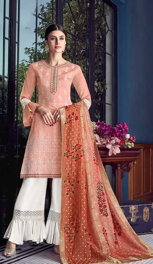 Elegant Peach Color Lakhnavi Silk Designer Party Wear Suit -595874064