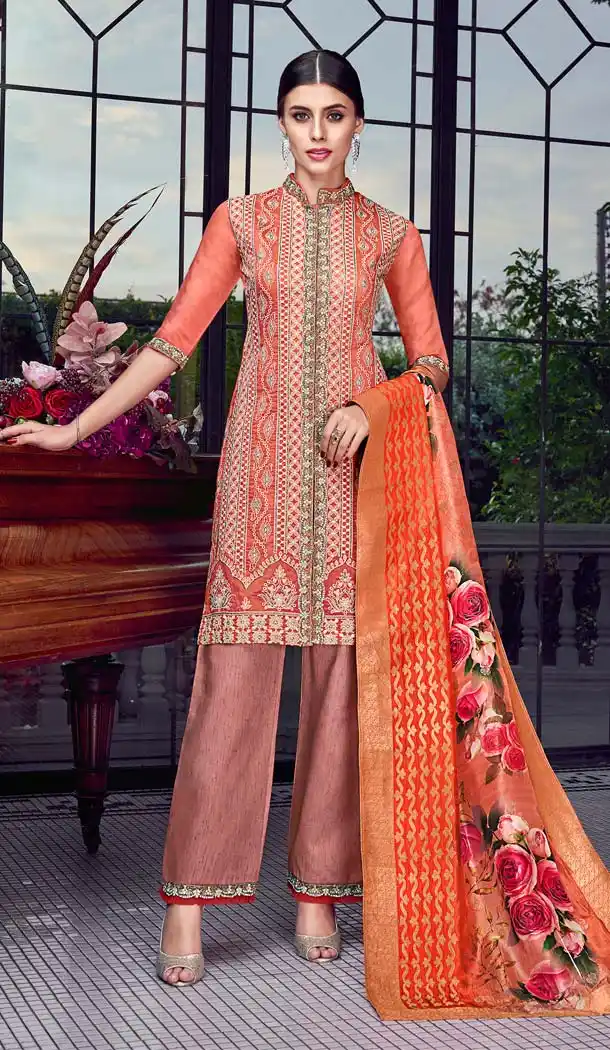 Dark Peach Color Lakhnavi Silk Designer Party Wear Suit -595874066