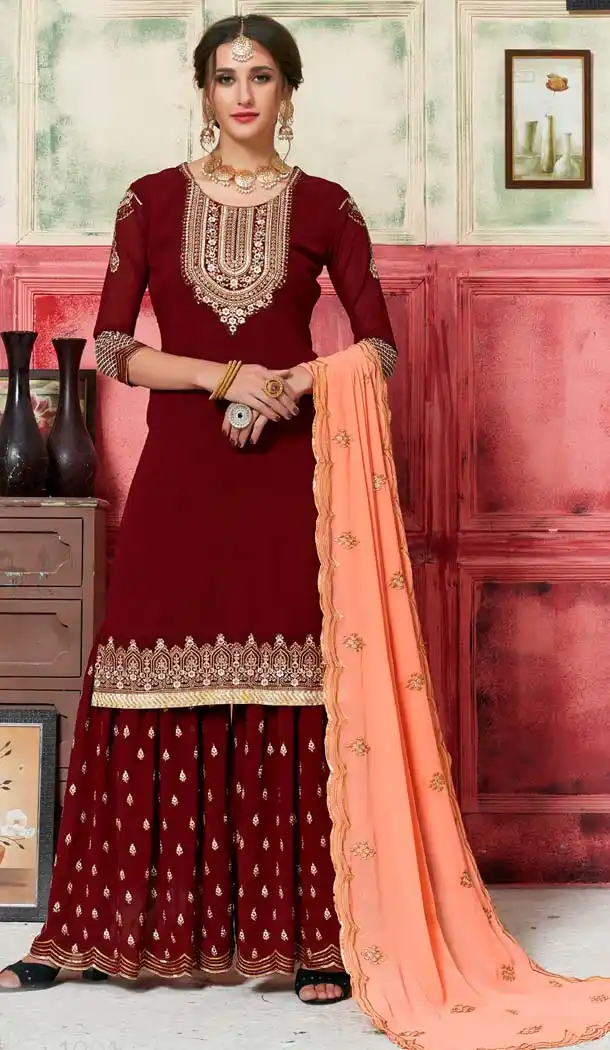 Maroon Color Georgette Embroidery Party Wear Sharara Suit -597074259