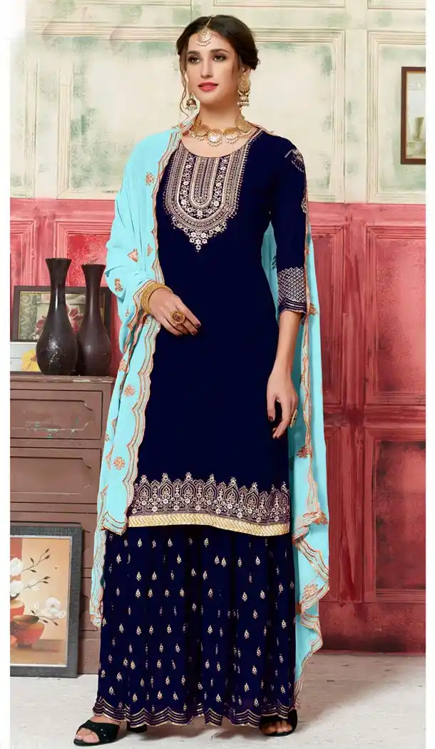 Navy Blue Georgette Embroidery Party Wear Sharara Suit -597074261