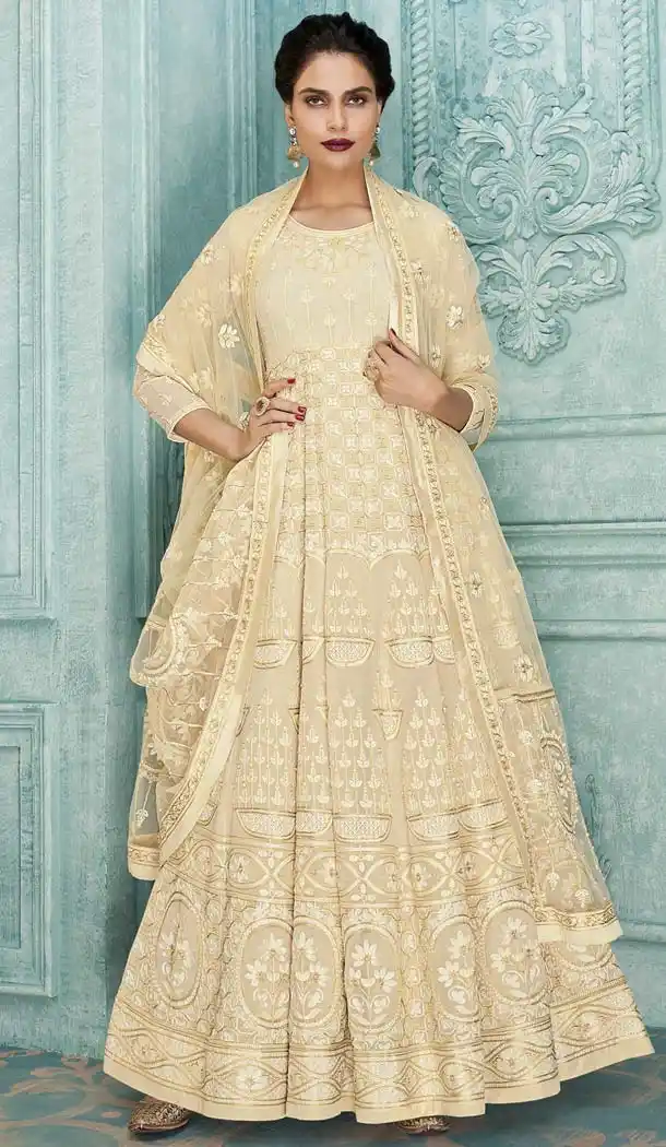 Cream Color Foux Georgette Long Designer Aanarkali Suit -597274269