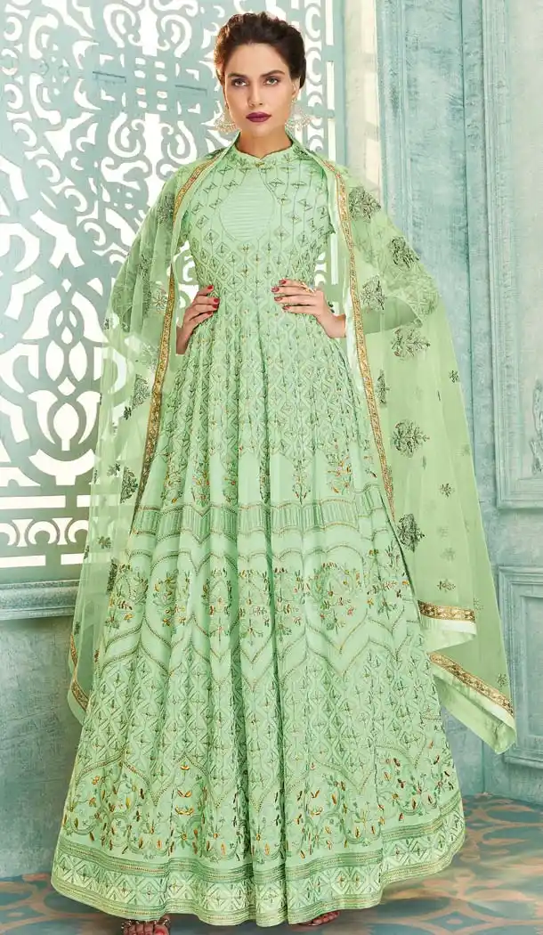 Light Green Faux Georgette Long Designer Aanarkali Suit -597274271