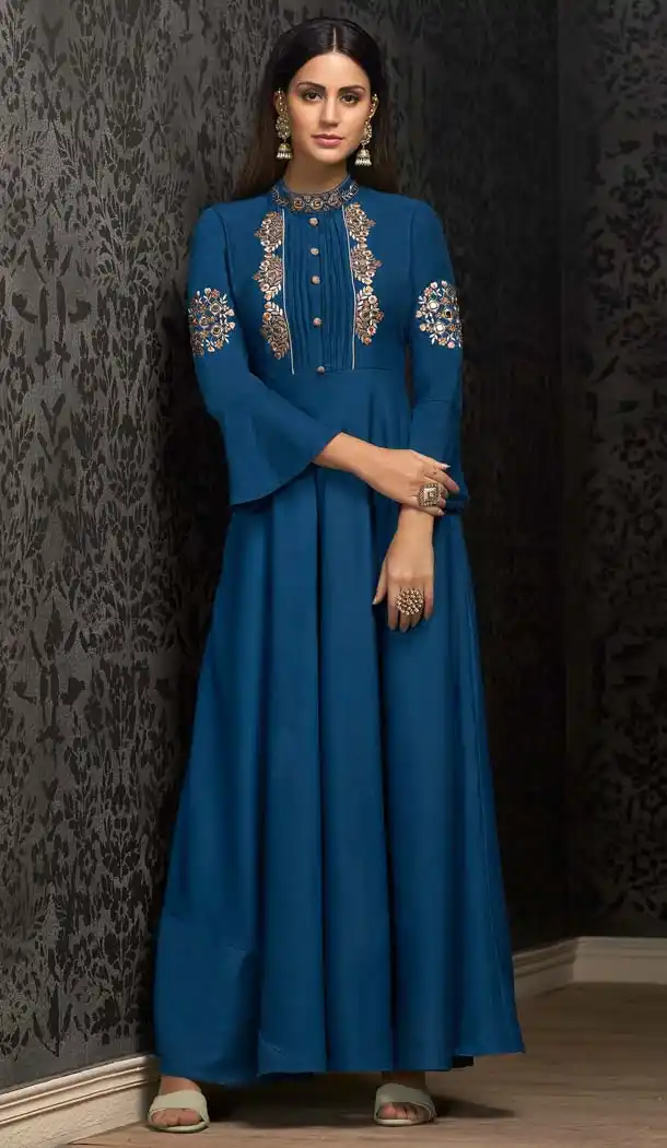 Blue Maslin Embroidery Party Wear Readymade Gown -597374272