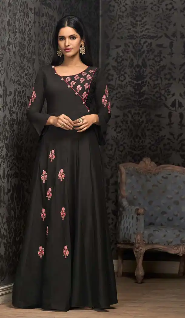Black Maslin Embroidery Party Wear Readymade Gown -597374273