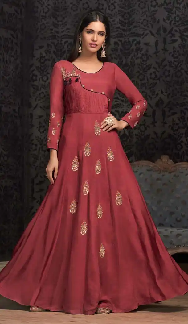 Maroon Maslin Embroidery Party Wear Readymade Gown -597374274
