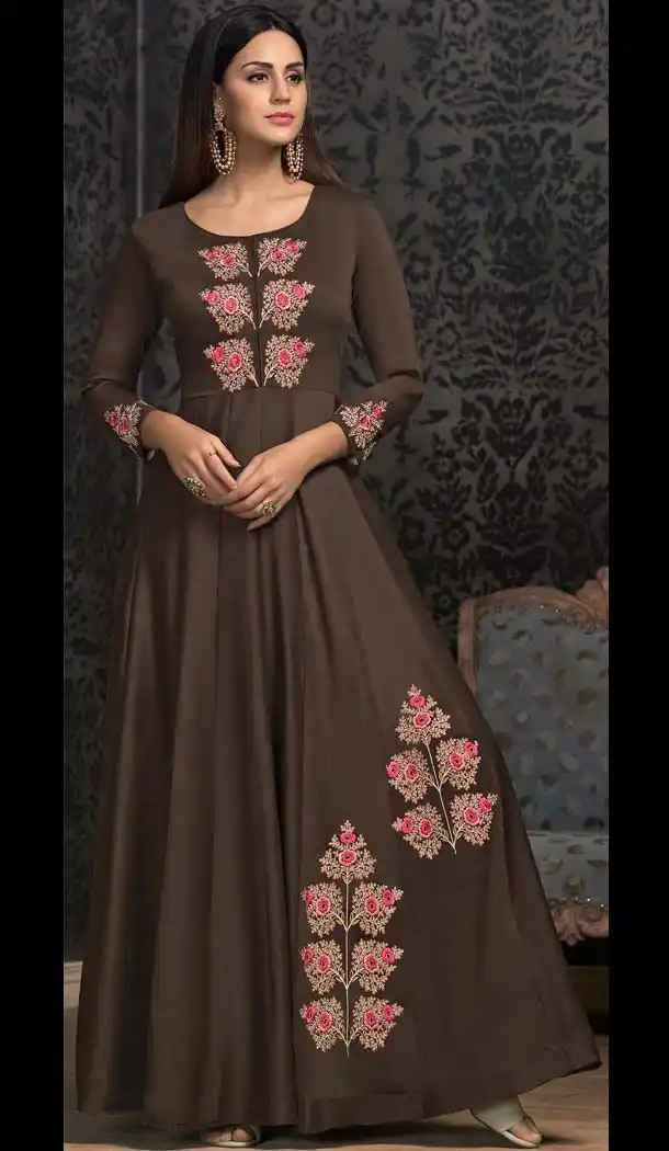 Brown Maslin Embroidery Party Wear Readymade Gown -597374275