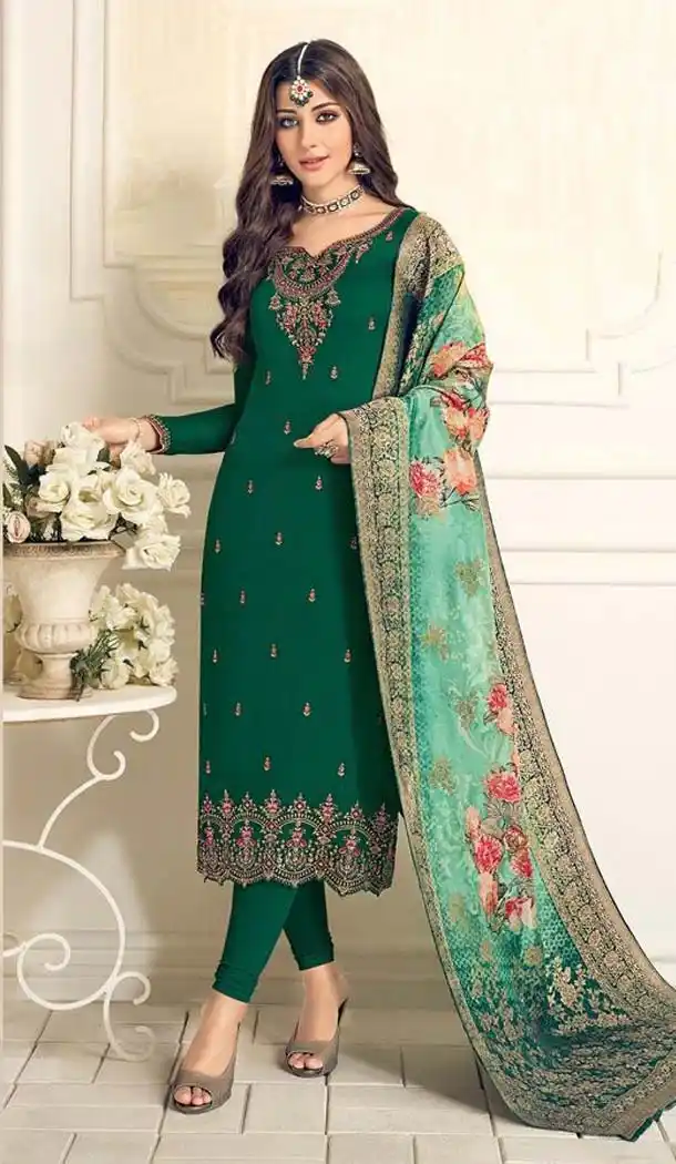 Green Satin Georgette Embroidery Party Salwar Kameez -597574284