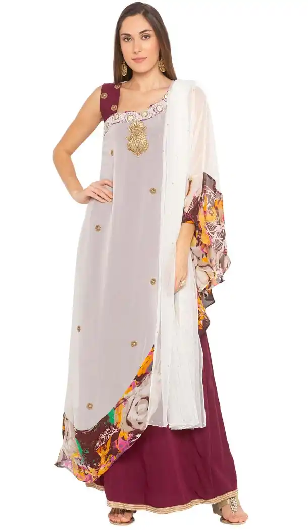 Maroon White Georgette Readymade Plus Size Salwar Kameez -601274793