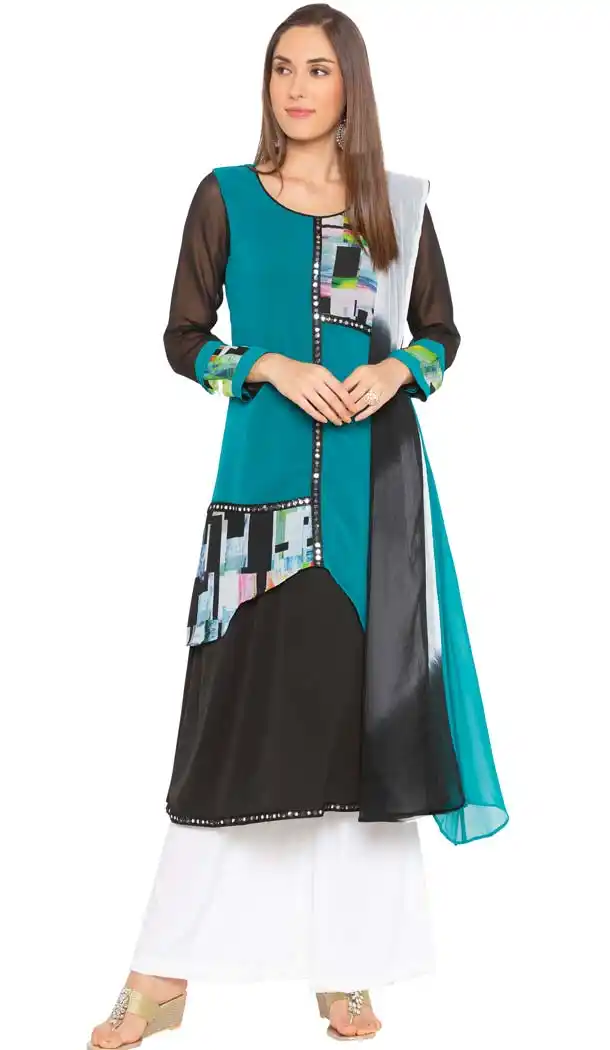 Turquoise Green Georgette Readymade Plus Size Salwar Kameez -601274795