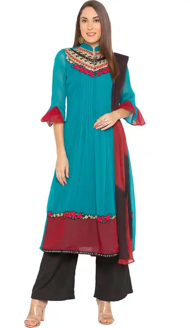 Turquoise Color Georgette Readymade Plus Size Salwar Kameez -601274798