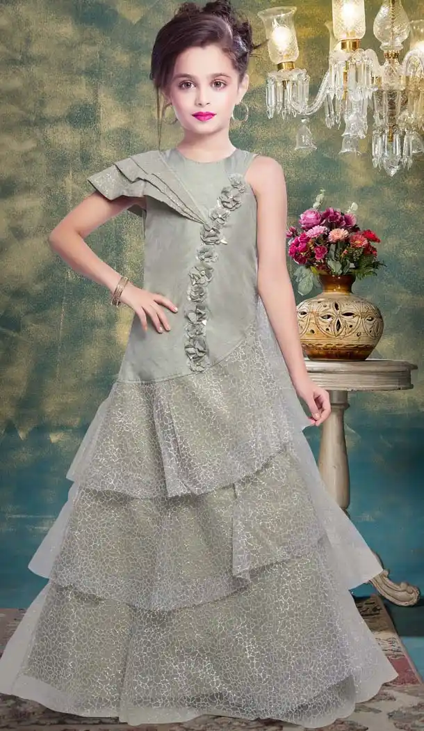 Grey Color Fancy Designer Party Wear Readymade Kids Gown -599274528