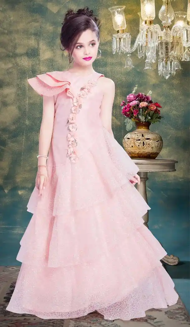 Baby Pink Color Fancy Designer Party Wear Readymade Kids Gown -599274529
