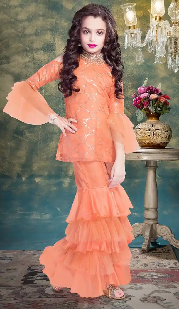 Orange Color Fancy Designer Party Readymade Kids Sharara Suit -599274530