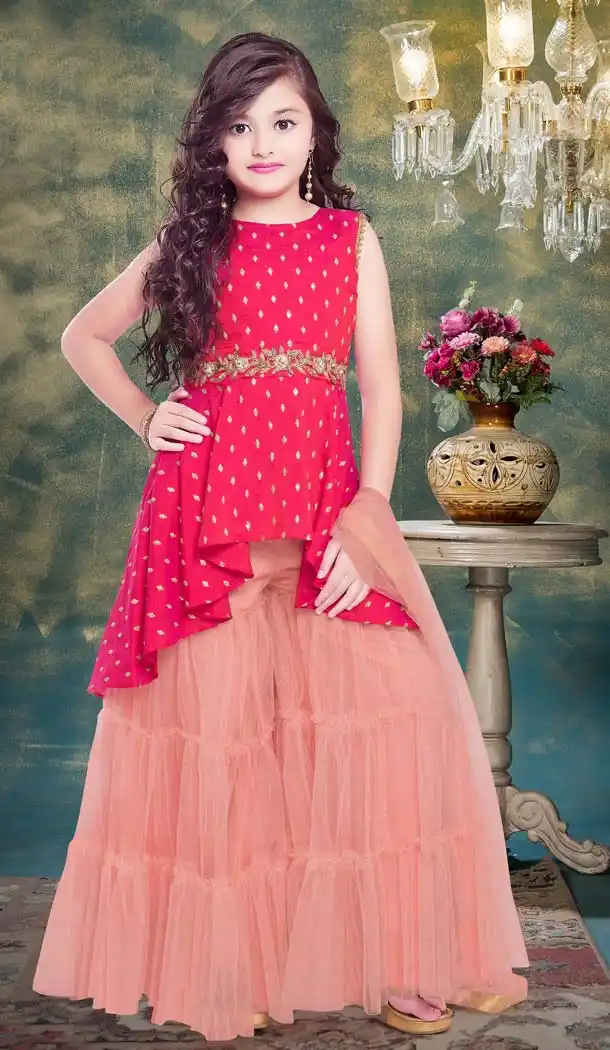 Pink Color Fancy Designer Party Readymade Kids Sharara Suit -599274531