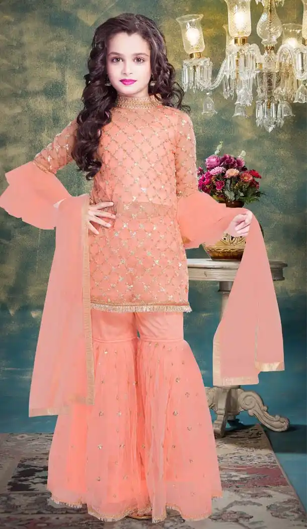 Peach Color Fancy Designer Party Readymade Kids Sharara Suit -599274532