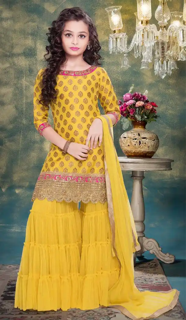 Yellow Color Fancy Designer Party Readymade Kids Sharara Suit -599274533