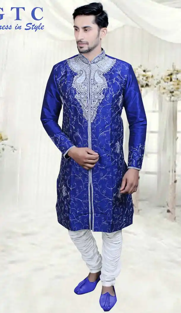 Royal Blue Jacquard Readymade Indo Western Outfits for Mens -601874857