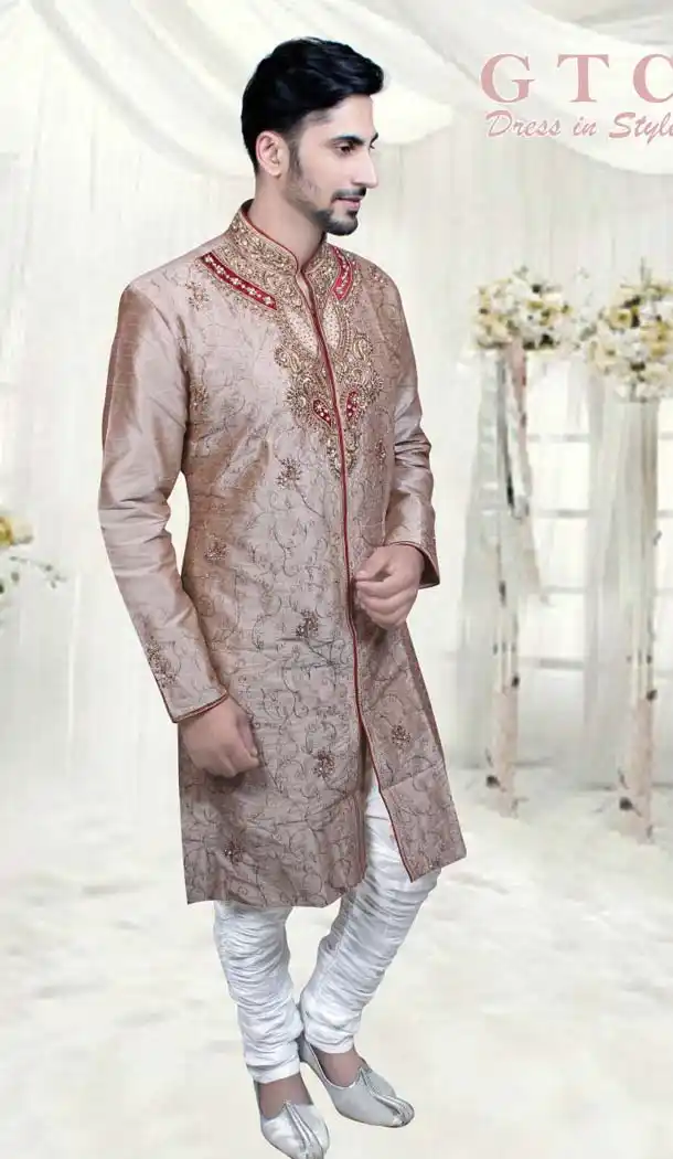 Tan Brown Jacquard Readymade Indo Western for Mens -601874863