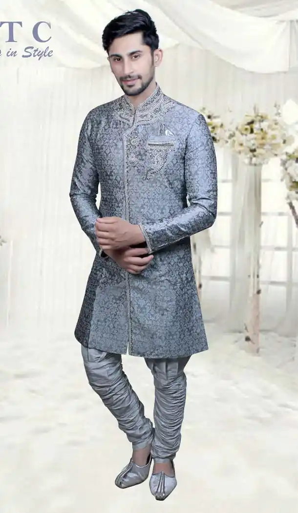 Grey Jacquard Readymade Indo Western Mens -601874864