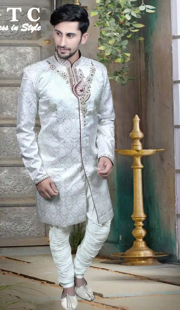 White Color Jacquard Readymade Indo Western for Mens -601874865