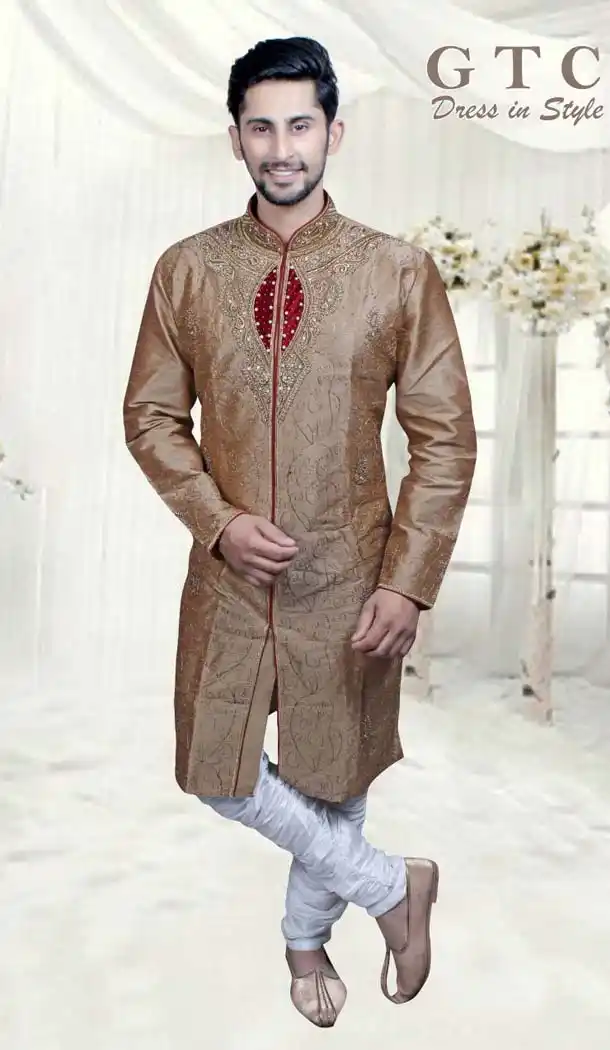 Jacquard Beige Color Readymade Indo Western Mens -601874867