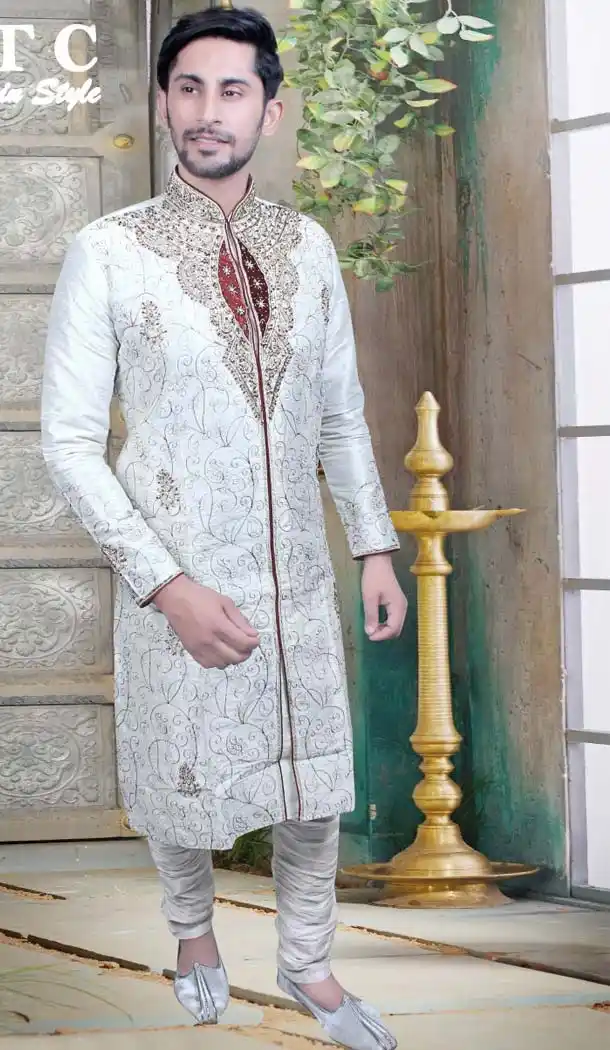 Off White Color Jacquard Readymade Indo Western Outfits for Mens -601874871
