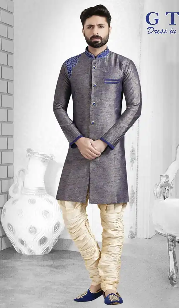 Jacquard Grey Color Readymade Indo Western Outfits for Mens -601874873