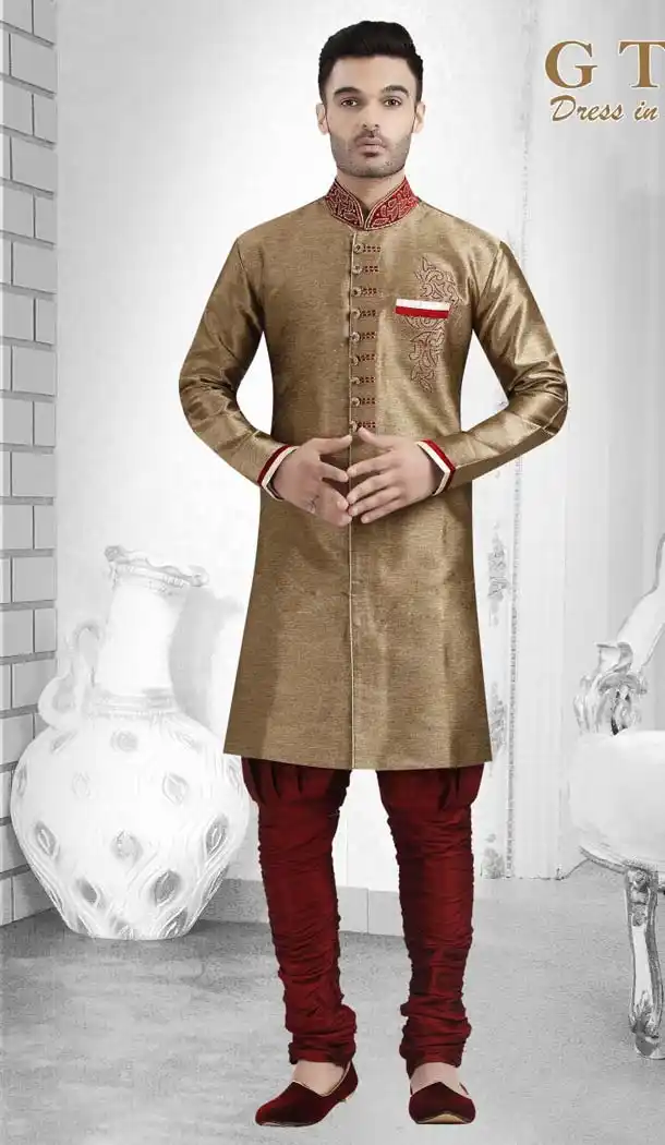 Jacquard Golde Color Readymade Indo Western Mens -601874874