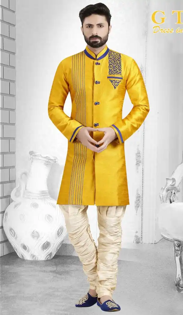 Yellow Color Jacquard Readymade Indo Western Outfits Mens -601874875