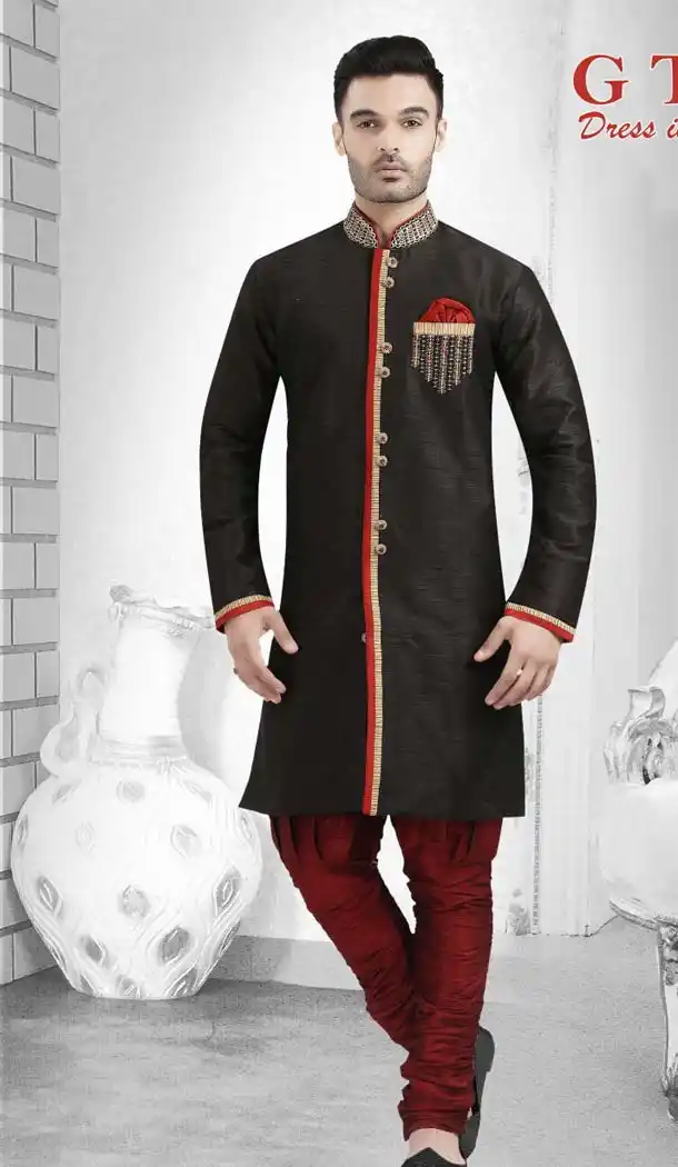 Black Color Jacquard Readymade Indo Western Outfits Mens -601874876