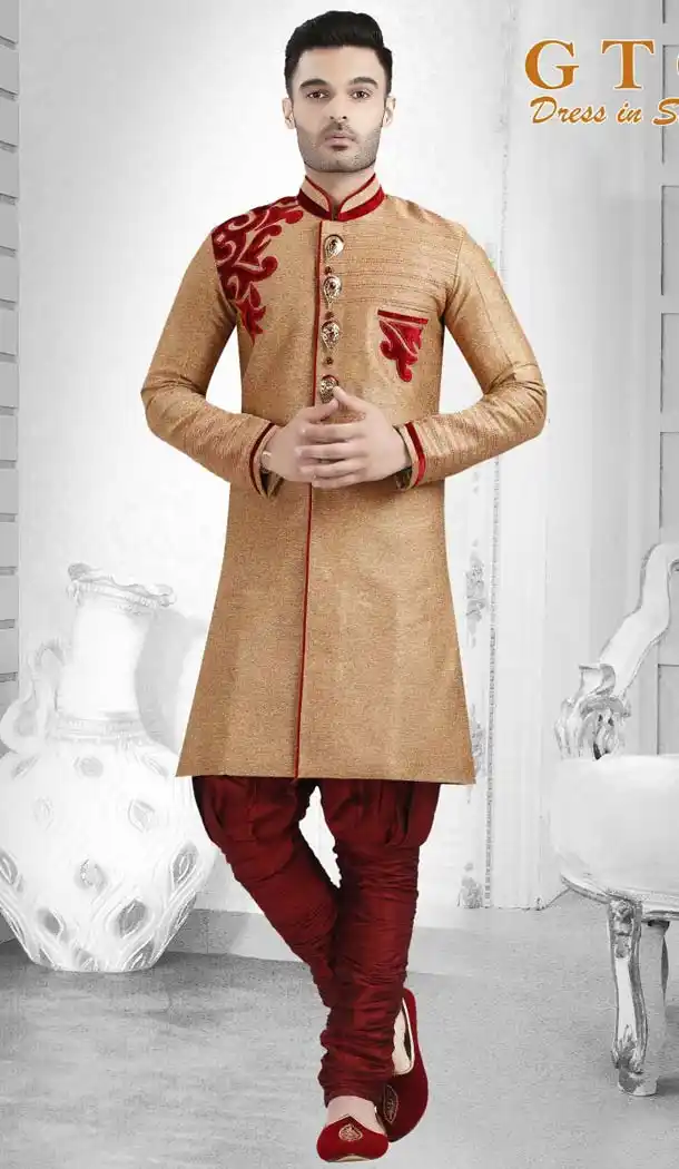 Light Brown Color Suiting Readymade Indo Western Outfits Mens -601874879