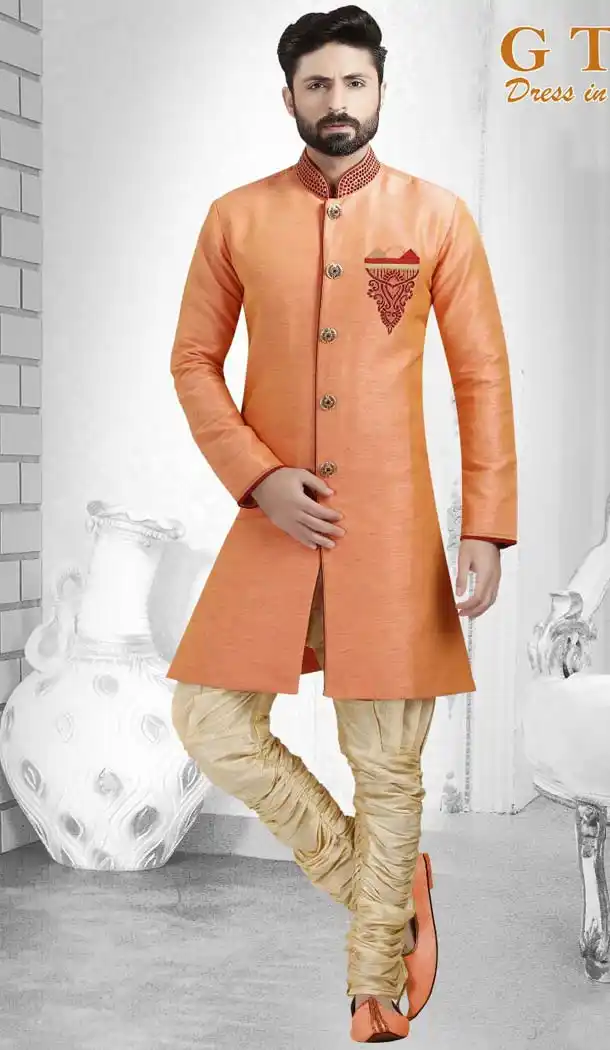 Peach Color Suiting Readymade Indo Western Outfits for Mens -601874880