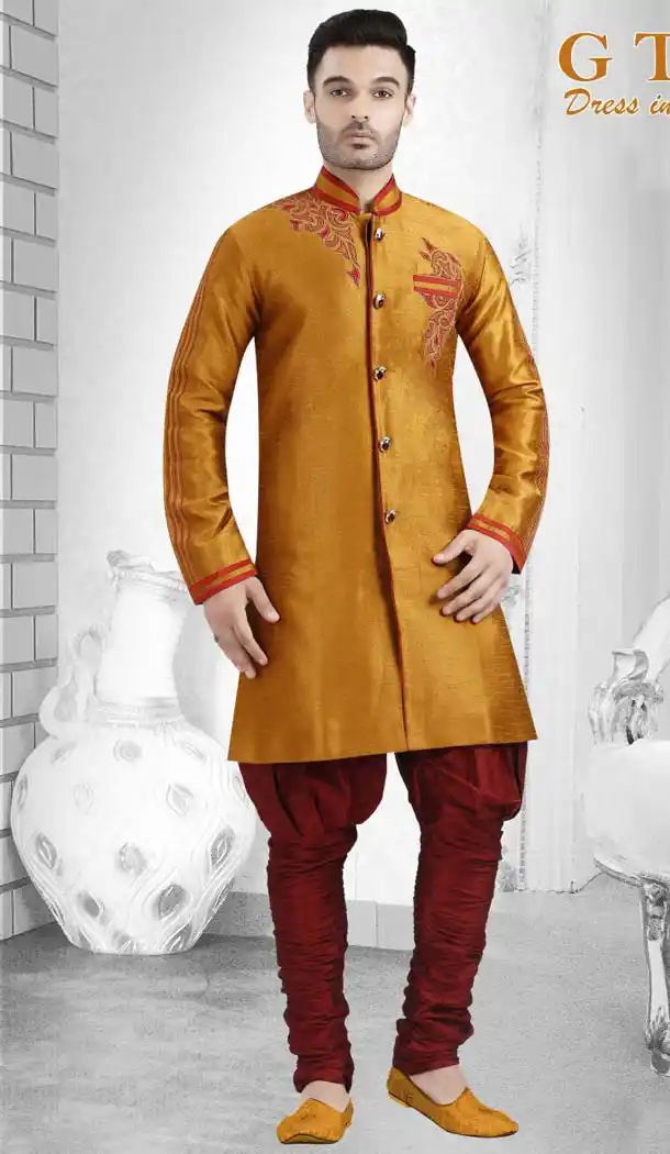Golden Color Jacquard Readymade Indo Western Outfits for Mens -601874881