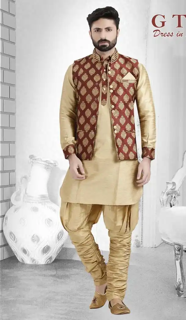 Cream Color Suiting Readymade Indo Western Outfits for Mens -601874882