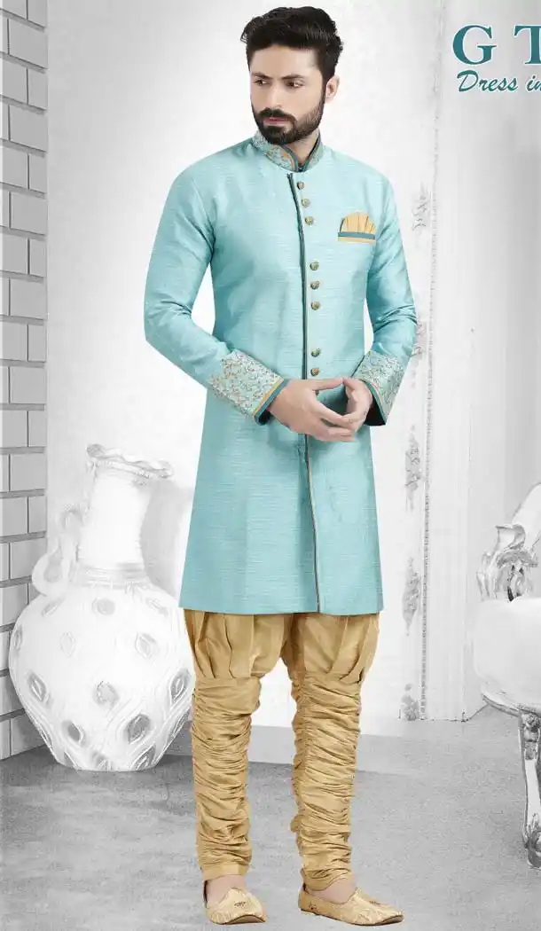 Aqua Blue Color Suiting Readymade Indo Western Outfits for Mens -601874883
