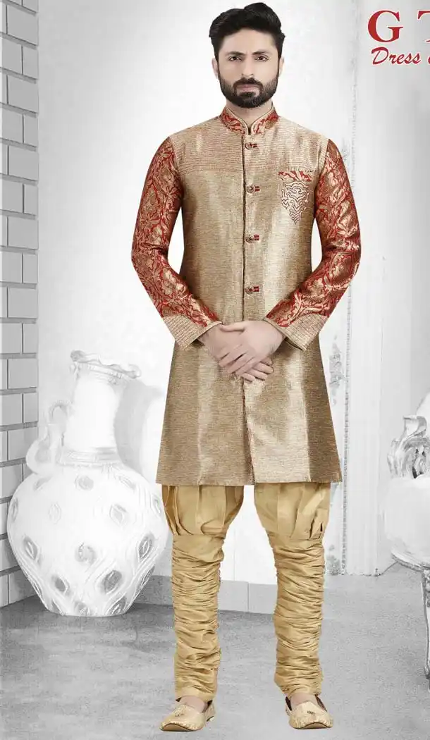 Beige Color Jacquard Readymade Indo Western Outfits for Mens -601874885