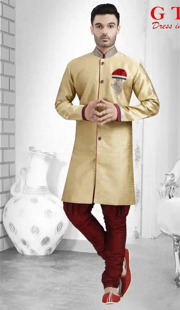Cream Color Jacquard Readymade Indo Western Outfits for Mens -601874886