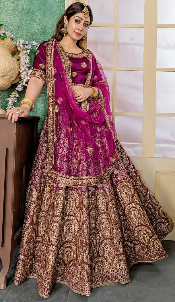 Wine Purple Color Ruby Silk Designer Mehendi Lehenga Choli -432362909