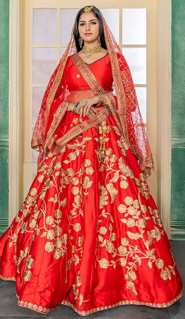 Red Color Malai Satin Designer Mehendi Lehenga Choli -432362910