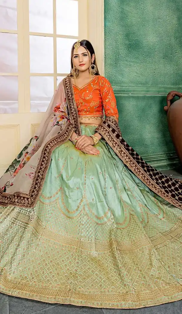 Pista Color Malbon Silk Designer Mehendi Lehenga Choli -432362911