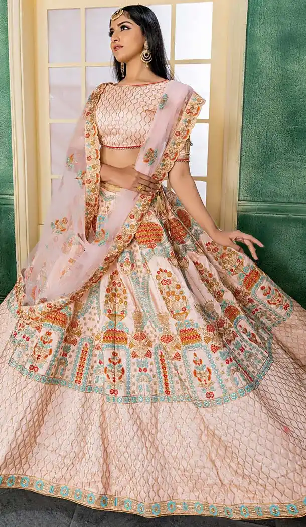 Light Peach Malbon Silk Designer Mehendi Lehenga Choli -432362912